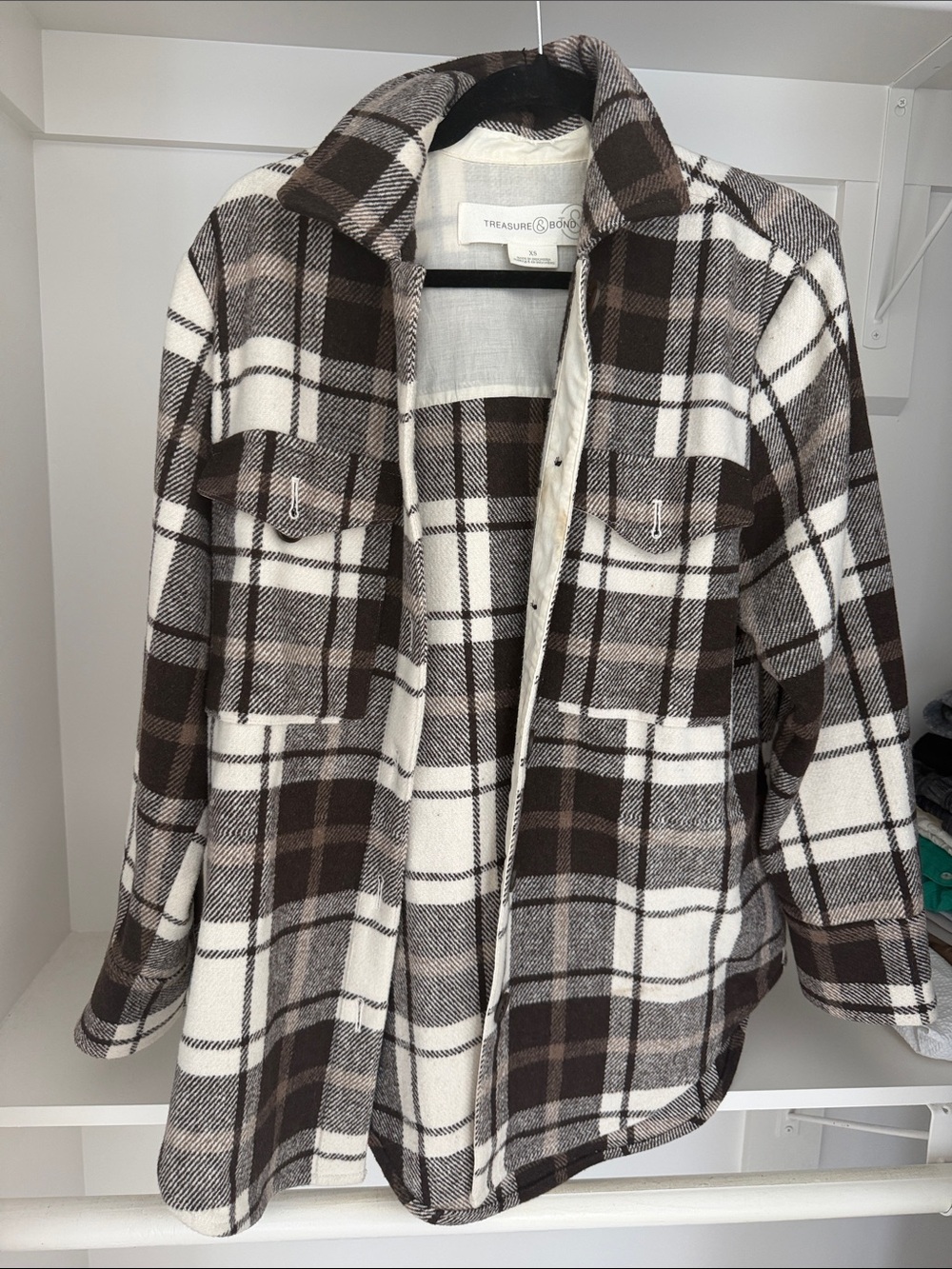 Treasure & Bond Brown and Cream Plaid Button Shacket